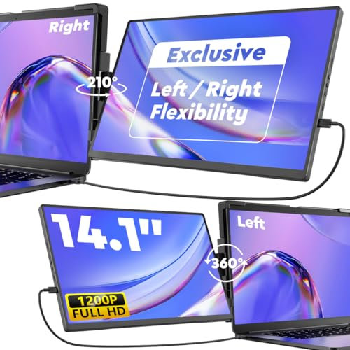 HONGO Laptop Screen Extender, Left or Right Positionable, 14.1 FHD 1200P IPS Dual Screen, Portable Monitor for Laptops 13-17 with USB-C/HDMI Port, Plug n Play for Windows/Mac/Android/Switch/PS5