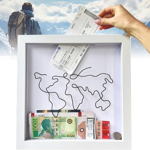 Jastown 30*30cm Adventure Archive Box,salvadanaio viaggio con Slot,scatola ricordi viaggio,scatole legno,Scatola di raccolta di viaggi, Scatola di ombra del biglietto,Memory Box Frame (Bianco)