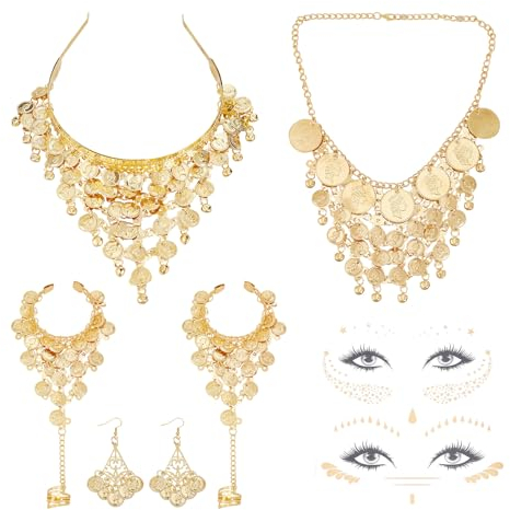 NICENEEDED 6-Teiliges Bauchtanz-Schmuckset, Goldmünzen Kopfschmuck Ohrringe Halskette Armband, Gesicht Temporäre Tattoos Indien Kopfbedeckung