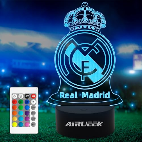 AIRUEEK Madrid Lampe 3D Fußball Lampe Schild Madrid, 16 Farben der Beleuchtung und Fernbedienung, Geschenke für Fußballer Kinder
