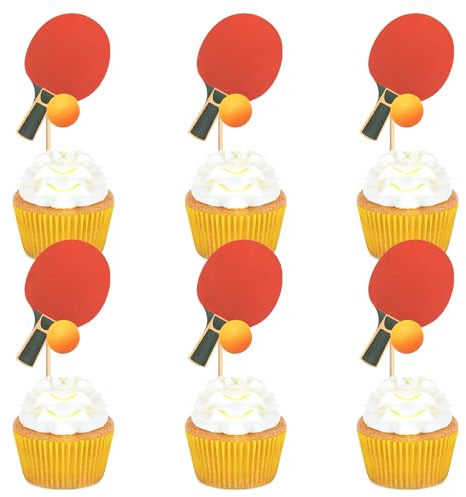 Ercadio 24 Pack Double Sided Table Tennis Cupcake Toppers Table Tennis Cupcake Picks Table Tennis Birthday Cake Decorations Baby Shower Table Tennis Sports Theme Party Cake Decorations, Red-2