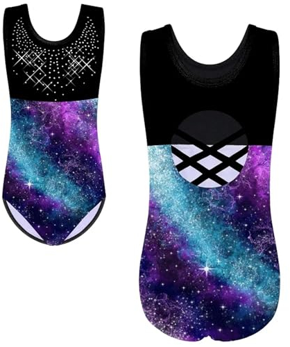 Justaucorps gymnastique fille Justaucorps de gymnastique sans manches for filles, vêtements de danse de Ballet en diamant scintillant, vêtements d'entraînement de ballerine professionnelle(Black Galax