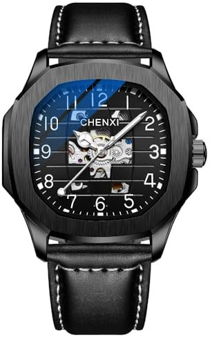 DAXIAOYU Modische Herren-Armbanduhr, Leder, quadratisches Zifferblatt, automatisch, mechanisch, wasserdicht, leuchtend, vollautomatisch, hohl, Edelstahl, Luxus-Armbanduhren, Schwarz, Luxuriös