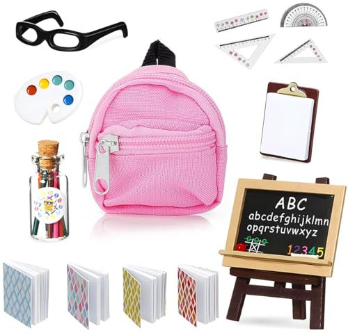 Wichtel Zubehör Schule, 15 Miniatur Puppenhaus Zubehör Schule Schulbedarf, Puppenschule Zubehör Miniatur Schultasche Notizbuch Kreide Palette Lineal Tafel Zwischenablage Wichtelhaus Miniatur Zubehör