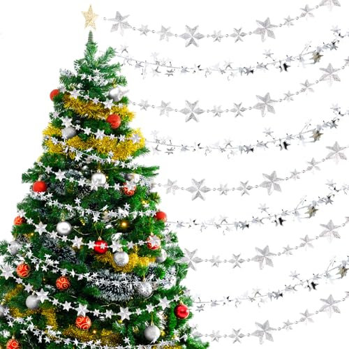 Xinnun Girlande Weihnachten Weihnachtsbaumschmuck 4,5 m Girlande Sterne Silber Lametta 7,5 m Spiral mit Sternen Spiralsternfür Weihnachtsbaum