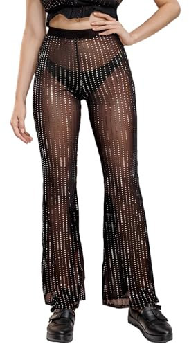 Lufdegim Damenhosen Lange Hosen Schlaghose aus Netz und Strasssteinen Hochtaillierte Hose Pailletten Belüftet Lässiger Stil Karneval Partei (DE/NL/SE/PL, Alphanumerisch, L, Regular, Regular, Schwarz)