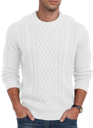Hisir Men's Cable Knit Jumpers Casual Crew Neck Winter Thick Warm Long Sleeve Pullover Sweater for Men UK (White, L)