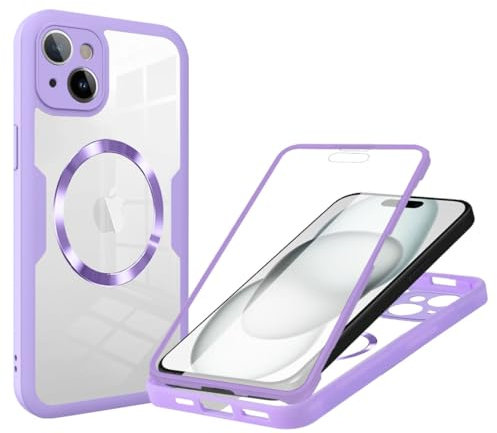 Reevermap Magnetic Case for iPhone 14 Case with Built-in Screen Protector Compatible with MagSafe Full-Body Shockproof Protective Bumper Slim Anti-Scratch Cover for iPhone 14 Phone Case, Purple