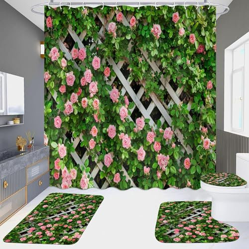 Badezimmermatte Rose Green Geometrie Bad Teppiche Set 3 Teilig,rutschfeste Bath Mat(45x75cm)+U-Typ Wasseraufnahme Badmatte+Schnelltrocknend Badezimmerteppich