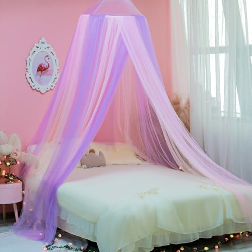Wnqou Moskitonetz Bett für Doppelbett Einzelbett, Großes Kuppel-Baldachin Betthimmel Mückennetz FeinmaschigesMädchenzimmer, einfache Installation für Reisen und Zuhause (Pink+Purple)