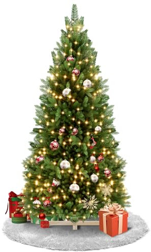 Aufun Sapin de Noël Artificiel avec éclairage - 225 cm - Vert - en PVC - Éléments moulés par Injection - Montage Rapide - Difficilement Inflammable - avec Support de Sapin de Noël (avec LED)