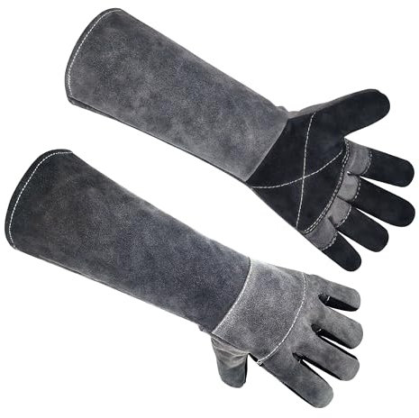MOUTCLMB Guantes de soldadura de cuero largos resistentes al calor y al fuego para Mig, Tig, Stick, Forja, Barbacoa, Barbacoa, Chimenea (45 cm, Gris)