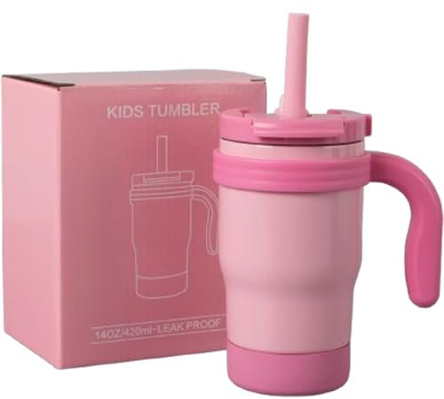 Pauzema Kinder Thermobecher mit Strohhalm, 420ml, 100% Auslaufsicher, 3-in-1 Deckel, 8h warm / 18h kalt, Edelstahlbecher für Mädchen Girls, Ideal für Schule & unterwegs - Rosa