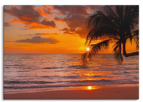 Paul Sinus Wandbild 100x70cm – Tropischer Sonnenuntergang am Strand – Entspannung, Palmen, Strand, Urlaubsgefühl, Küstenlandschaft