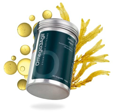 AgilNature Omega3Agil 120 Kapseln, 2-4 Monats-Ration – Veganes Omega-3 aus Algenöl für Herz & Gehirn, Für dein Wohlbefinden, Nachhaltige Algenölquelle, 100% vegan
