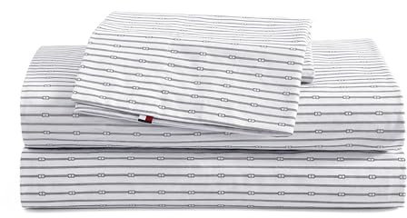 Tommy Hilfiger - Sheet Set, Cotton Percale Bedding with Matching Pillowcases, Crisp & Cool, Premium Quality Home Essentials (Monogram Stripe Navy, Queen)