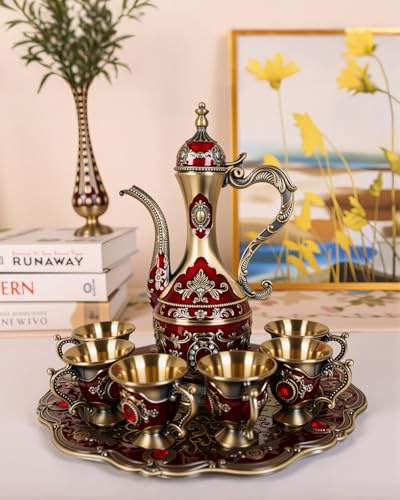 Türkische Vintage-Kaffeekanne mit Tablett und 6 Tassen, Retro-Kaffeekanne, Tassen-Set, exquisites Weintopf-Set, dekoratives Vintage-Teeservice-Set für Zuhause, Party, Dekor (Retro-Rot)