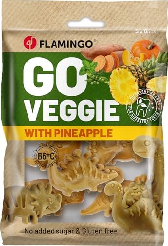 Flamingo Leckerli Hund – Veggie Dino mit Ananas groß – 120g – glutenfrei – kalorienarm – Zahnpflege Snack