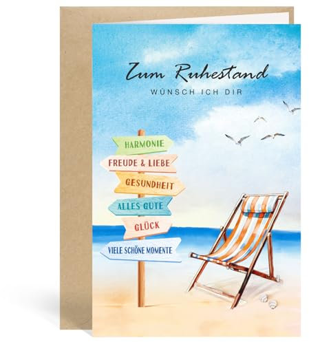 MEJOSER 18x12cm Karte zum Ruhestand Rente mit Umschlag Rentner Rentnerin Geschenk zum Abschied Kollegen Kollegin Abschiedskarte Pension Geschenke Frauen Männer Urlaub Sommer