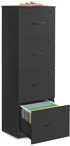 VASAGLE File Cabinet, Filing Cabinet for Home Office, Printer Stand, with 4 Lockable Drawers, Adjustable Hanging Rails, for A4 and Letter-Size Files, Ink Black OFC082B02
