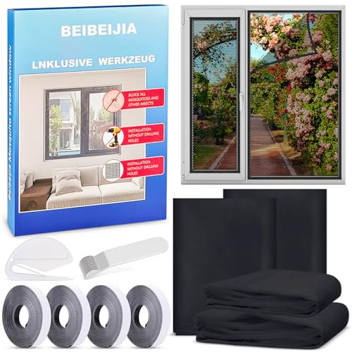 4 Stück Fliegengitter Fenster, Insektenschutz Fenster 130x150cm, Fliegennetz Fenster, Moskitonetz Fenster, mit Klettband Selbstklebend, Schützen die Familie vor Insekten (Schwarz)