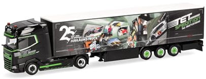 Herpa LKW Modell DAF XG+ Gardinenplanen-Sattelzug TET/Jubiläum, Miniatur im Maßstab 1:87, Sammlerstück, Made in Germany, Kunststoff, Weiß