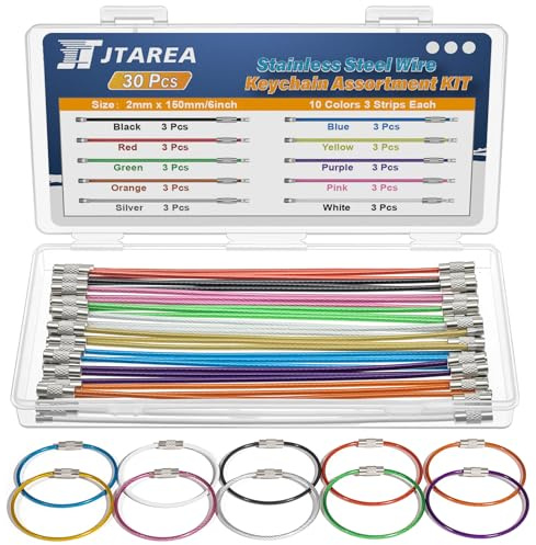 JTAREA 10Farben 15CM Edelstahl Draht Schlüsselanhänger Set 2MM Schlüsselring Drahtseil Schlüsseldraht für Hängende Gepäckanhänger ID Tags (Packung mit 30Stück)