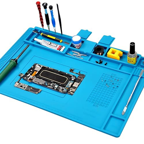 AMSAMOTION Lötmatte Silikon 500℃ Hitzebeständige, 45 x 30 cm Verdickte Arbeitsmatte Werkstatt für Lötpistolen/Heißpistolen, Magnetische Reparatur Matte für Elektronik, Löten, Telefon, iPad, Uhren