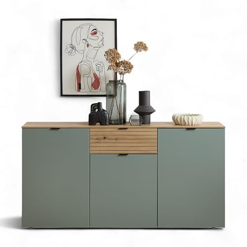 INA Sideboard in Schilfgrün, Artisan Eiche Optik FSC-Zertifiziert - Moderne Kommode mit Schublade und viel Stauraum - 180 x 90 x 45 cm (B/H/T)