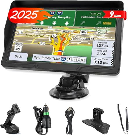9 Inch Sat Navs for Cars, Truck, HD GPS Navigation with UK Europe Maps, Lifetime Free Updates, Satnav support Postcode Search, Voice Guidance, Speed Camera Alert, Lane Guidance Assist, POI