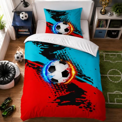 DJDEA Set copripiumino da 120 x 150 cm, con stampa a tema calcio, per bambini, con chiusura a zip e 1 federa da 40 x 60 cm, in morbida microfibra