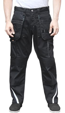 FNT Workwear Heavy Duty Men’s Cargo Work Trousers – Multi & Holster Pockets, Knee Pad & Hammer Loop, Waterproof Fabric on Knee pad, Safety Work Pants for Builders & Tradesmen