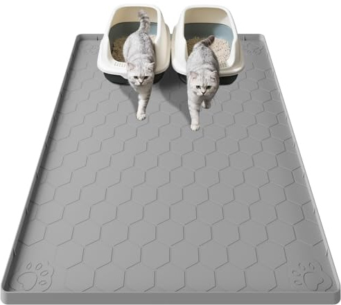 Pawinner Stor XXL kattlådematta 101 x 71 cm, kattsandsmatta silikon, grå | Tillverkad av livsmedelssäkert silikon, vattentät urinbeständig kattmatta kattlåda, halkfri, lätt att rengöra