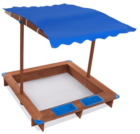 Kindersandkasten, Holz Sandkasten für den Garten, Sandkiste mit Verstellbarem Dach und Bodenmatte, Spielkasten als Gartenspielzeug für Kinder, Buddelkasten 126x121 cm