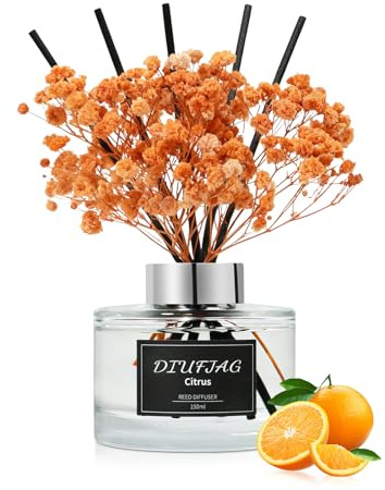 DIUFJAG Blumen 150ml - Zitrus Raumduft Duftstäbchen Mit 8 Stäbchen,Home Duft Citrus Orange Reed Diffuser Lufterfrischer für Schlafzimmer Büro Badezimmer Regal Dekor