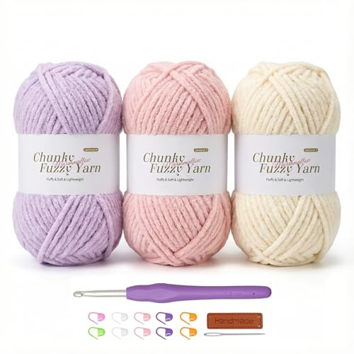 Fluffy Wool Chunky Chenille Yarn for Crochet - 100g x3 Super Soft Thick Yarn Kit with Crochet Hook, Perfect for Beginners, Scarf, Sweater, Hat, Gloves & Blanket Hand Knitting DIY Crafts (Purple-3)