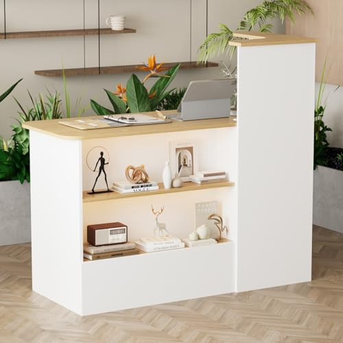 Caldion Rezeptionstheke 120cm mit LED-3 Farben Empfangstisch mit abschließbarer Schublade