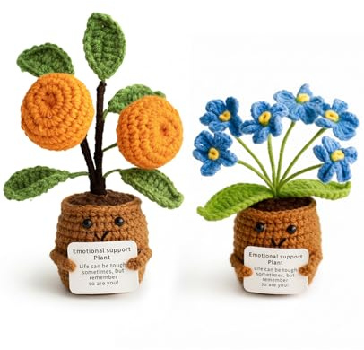 Rudfovn 2 Pcs Crochet Plant, Handmade Orange Tree and Flower Pot Emotional Support Crochet with Positive Card for Women Men Gifts Decor