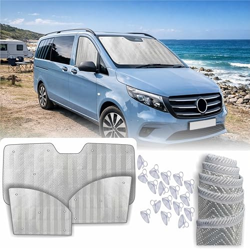 MJS Juego de cubiertas térmicas interiores para parabrisas y ventanas, compatible con Mercedes Vito V-Klasse EQV W447 N447 2014-2026 (3 piezas) Paravan de autocaravana Cabina Ventana Pantalla térmica