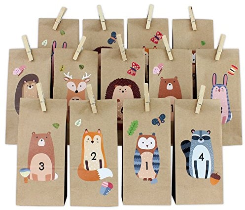 PAPIERDRACHEN DIY Adventskalender zum Befüllen - Waldtiere - Direkt zum Aufkleben und selber basteln - mit braunen Tüten und Klammern - Verschiedene Tiere