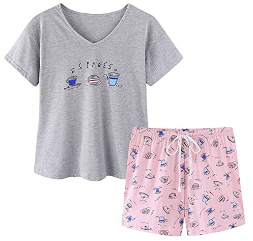 CHUNG Ensemble de pyjama court pour femme en coton imprimé à manches courtes et short 2 pièces T-shirt et short de détente d'été, Tasse rose, S