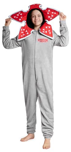Stranger Things Onesie Kinder von 9-15 Jahren - Einteiler Mädchen Mit Sherpa-gefütterter Kapuze, Onesie für Teenagers (Grau, 9-10 Jahre)