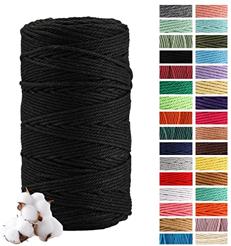 Puiasest Makramee Garn 3mm x 200m, Baumwollgarn Baumwollkordel Baumwollseil, Spitzengarn Baumwollfadenseil für Basteln, Hochzeits- und Weihnachtsdekorationen, Pflanzenbügel (Schwarz)