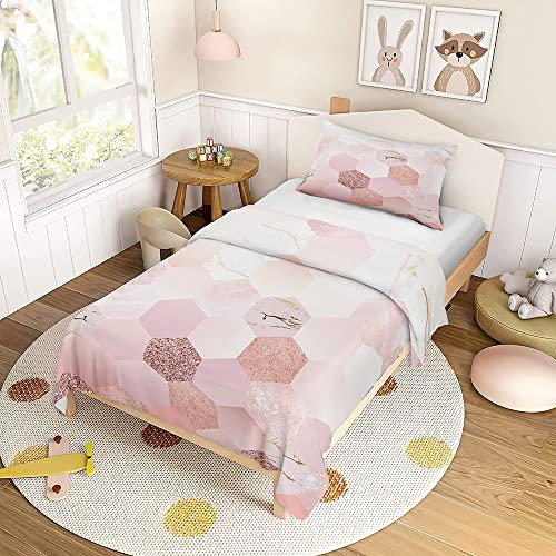 Hiseng Parure de Lit Enfant Housse de Couette Assortie 1/2 Taie d'oreiller, Impression Marbre 3D Housse Couette -1 Personne Chambre Fille Garçon Ado (140x200cm,Rose)