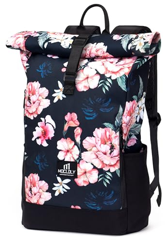 MOCLOLY Rolltop Rucksack Damen & Herren - Wasserdicht - Mit Laptopfach Klein Travel Backpack, Elegant Reiserucksack für Uni Business Arbeit City Reise, Blumen
