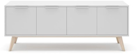 Calicosy - Meuble TV 4 Portes Blanc et Pin Massif Campus - MDF/Pin Massif - pour Salon, Salle à Manger - l40 x L140 x H53 cm