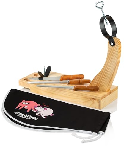 steelBlade - Jamonero Granada con Cajón + Cubre Jamón Kukuxumusu + Cuchillo Jamonero + Chaira + Cuchillo auxiliar - Soporte Jamonero fabricado en España
