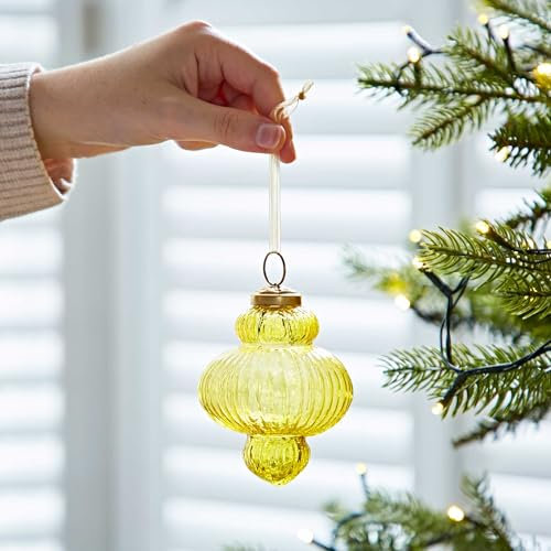 Coloured Recycled Glass Lantern Baubles - Fair Trade Holiday Décor - handmade Xmas Hanging Glass Ornaments - Christmas Tree Decoration (Yellow)