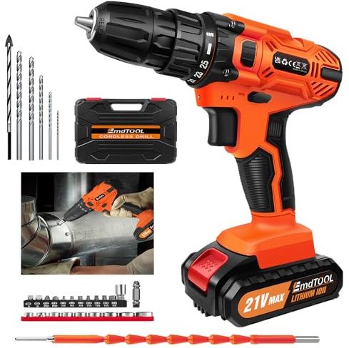 21V Akku Bohrschrauber Set mit 1 Akkus 1,5Ah, Orange Akku Bohrmaschine Set für Bohrwände, Holz, Metall, Akkubohrer 45Nm 25+1 Drehmomentstufen, LED und Koffer, 2-Gang, 29 Stück Zubehör