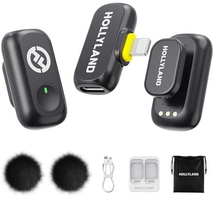 Hollyland LARK A1 Mini Duo - Mini microfono wireless per iPhone 14/13/12 (2 TX + Lightning RX), microfono magnetico per YouTube, TikTok, podcast, vlogging (Nero, Senza Custodia di Ricarica)